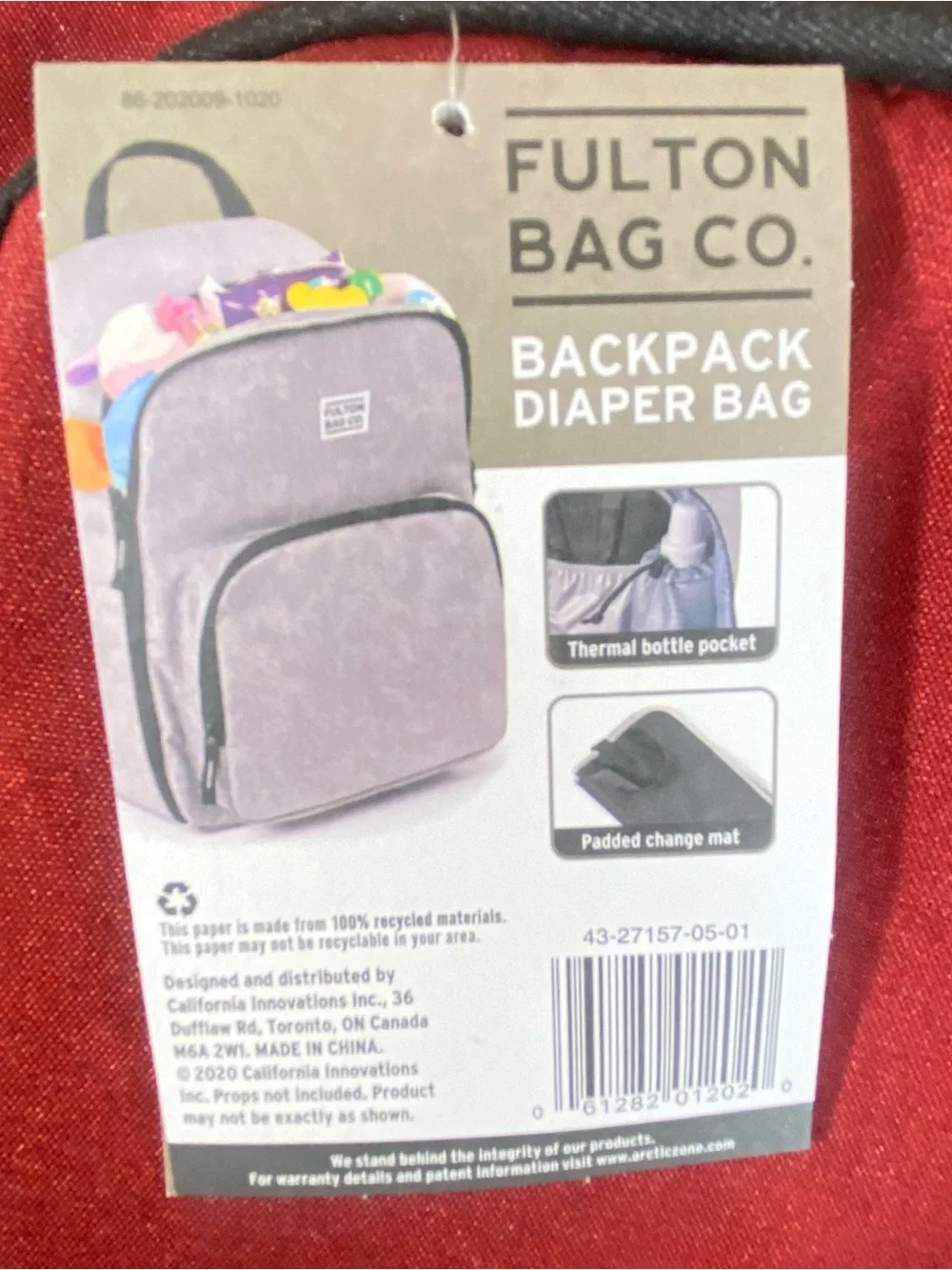 Fulton Bag Co Diaper Bag Backpack Removeable Change Pad Thermal Bottle Section